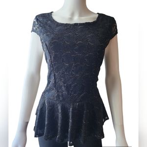 IZ Byer Open Back Black and Gold Lace Peplum Top